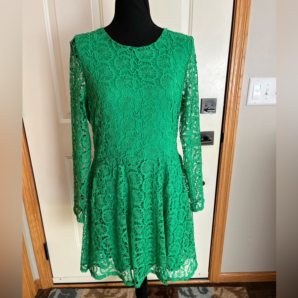 New cottagecore kelly green fairy delicate lace long sleeve skater dress. Medium